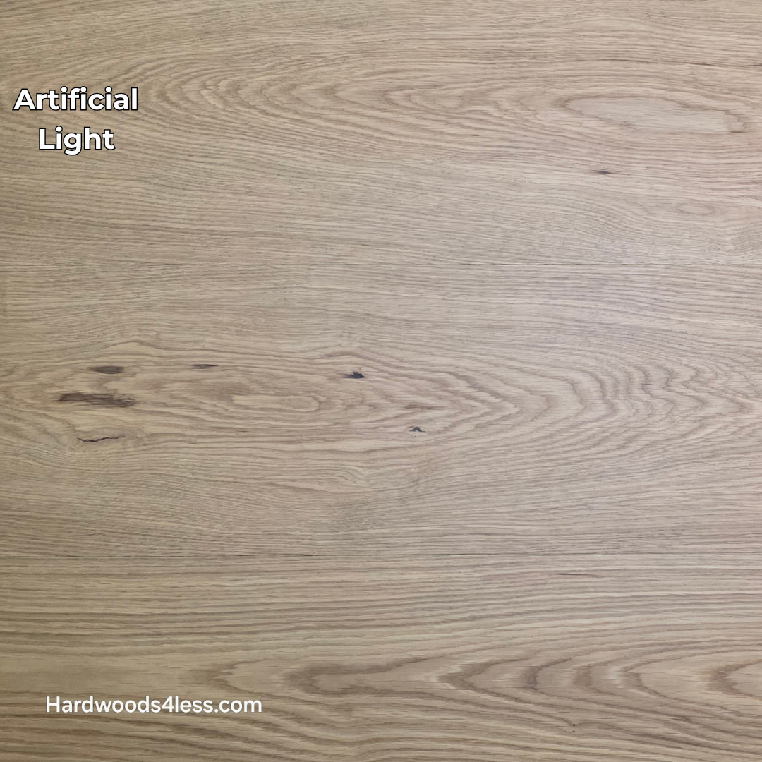 10.67" x 7/16" Modernized Engineered European Oak Hadid Hardened Hardwood Flooring.  Shown in artificial lighting. 