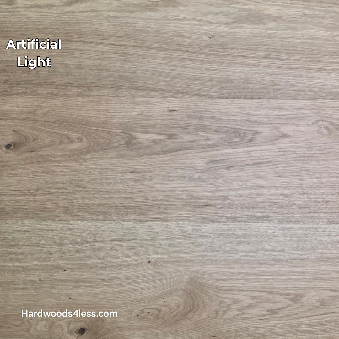 10.67" x 7/16" Modernized Engineered European Oak Wright Hardened Hardwood Flooring. Shown in artificial lighting.