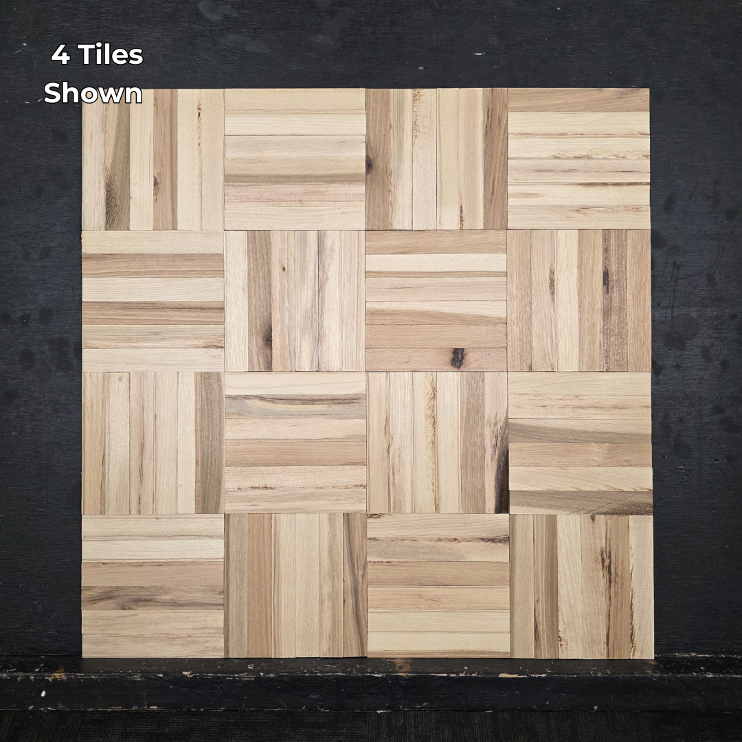 11" x 11" x 5/16" Unfinished Hickory 6-slat Parquet Hardwood Flooring. Shown on a black shooting table. 4 tiles close up.