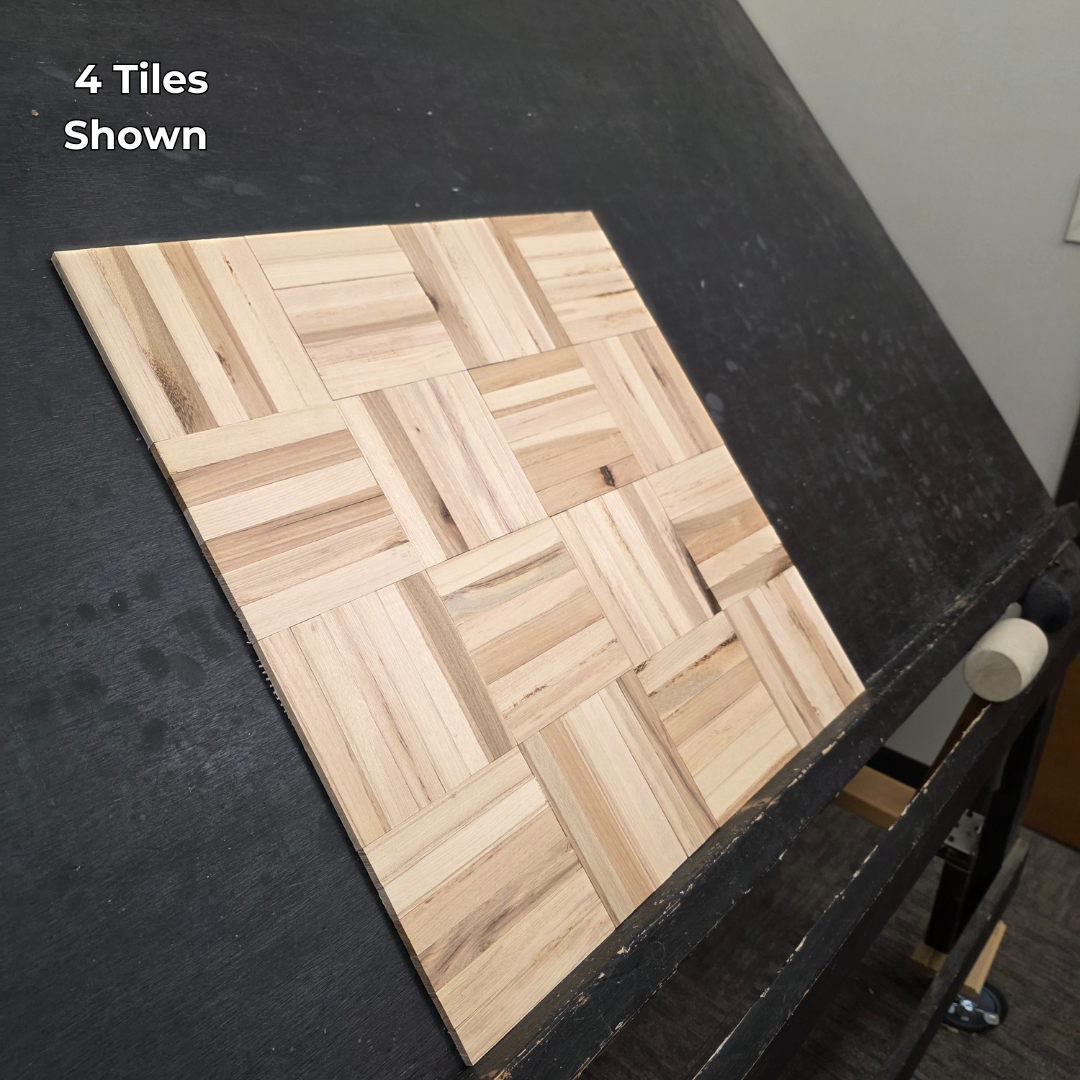 11" x 11" x 5/16" Unfinished Hickory 6-slat Parquet Hardwood Flooring. Shown on a black shooting table. Close up of 4 tiles, wide left.