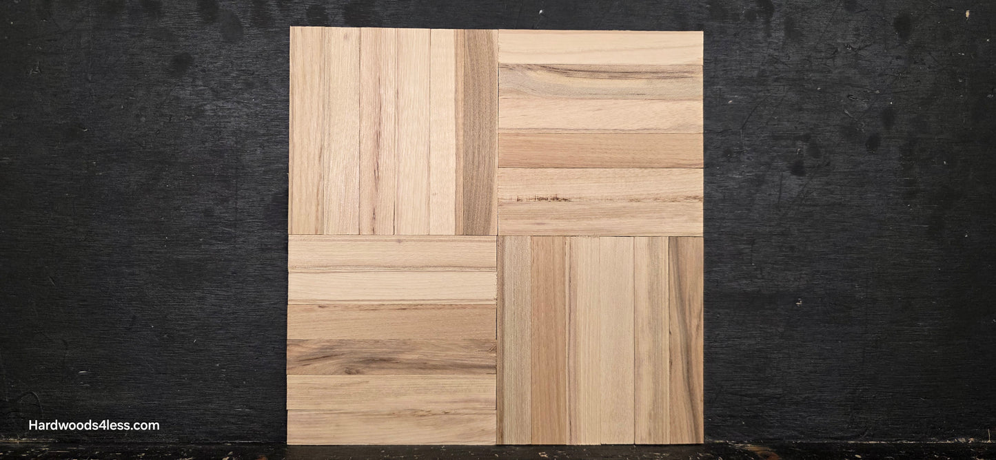 11" x 11" x 5/16" Unfinished Hickory 6-slat Parquet Hardwood Flooring. Shown on a black shooting table. Close up.