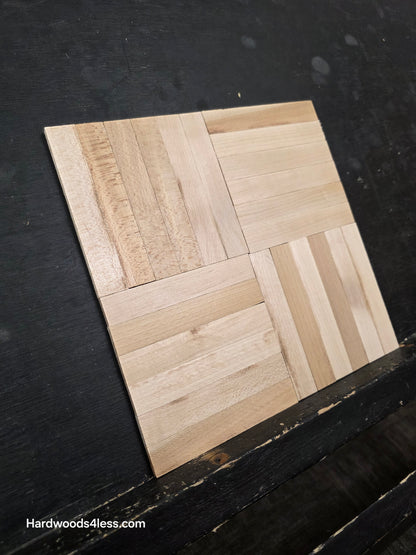 11" x 11" x 5/16" Unfinished Maple 6-slat Parquet Hardwood Flooring. Shown on a black shooting table. 