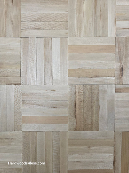 11" x 11" x 5/16" Unfinished Maple 6-slat Parquet Hardwood Flooring. Shown very close up. 