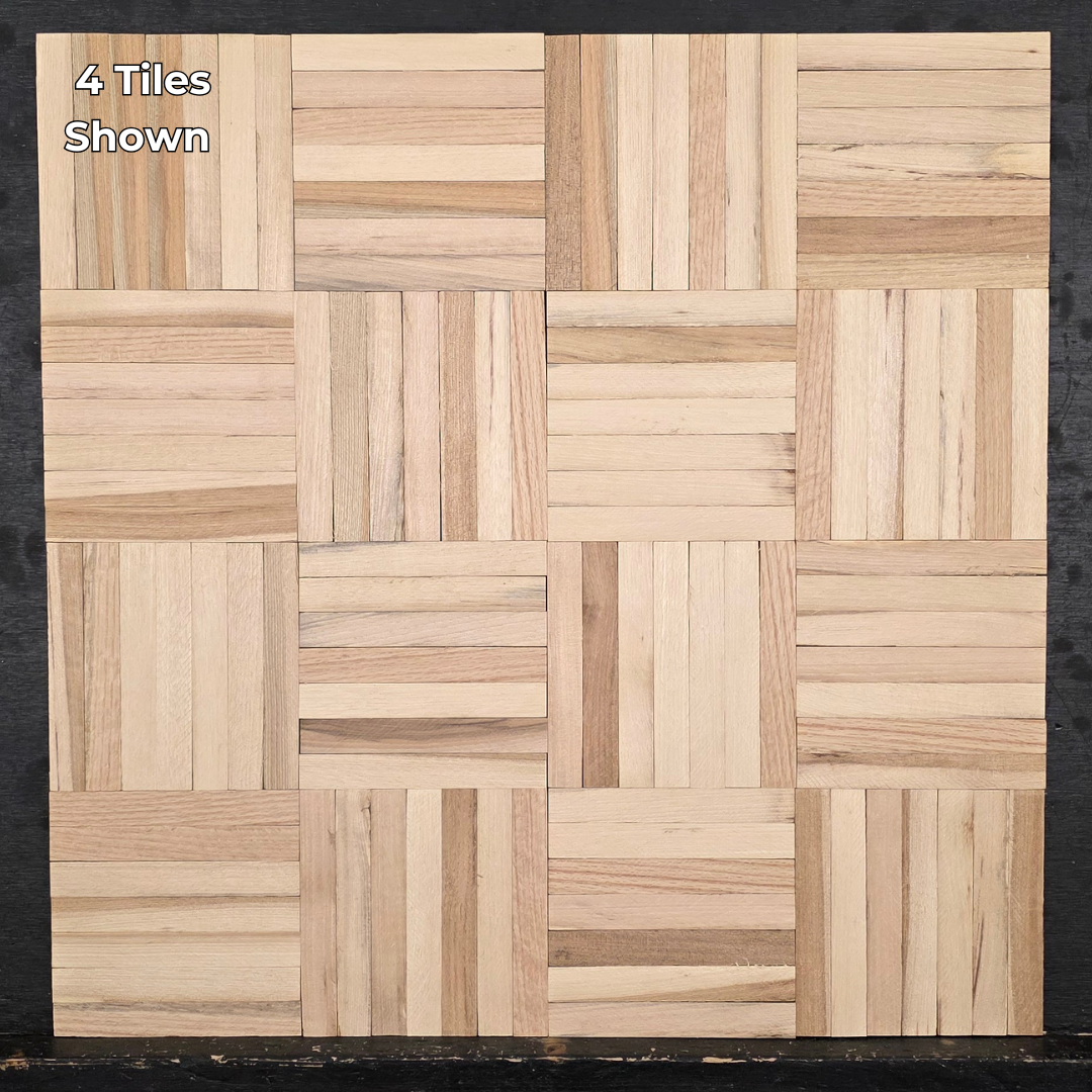 12" x 12" x 5/16" Unfinished Hickory 7-slat Parquet Hardwood Flooring. 4 tiles shown close up