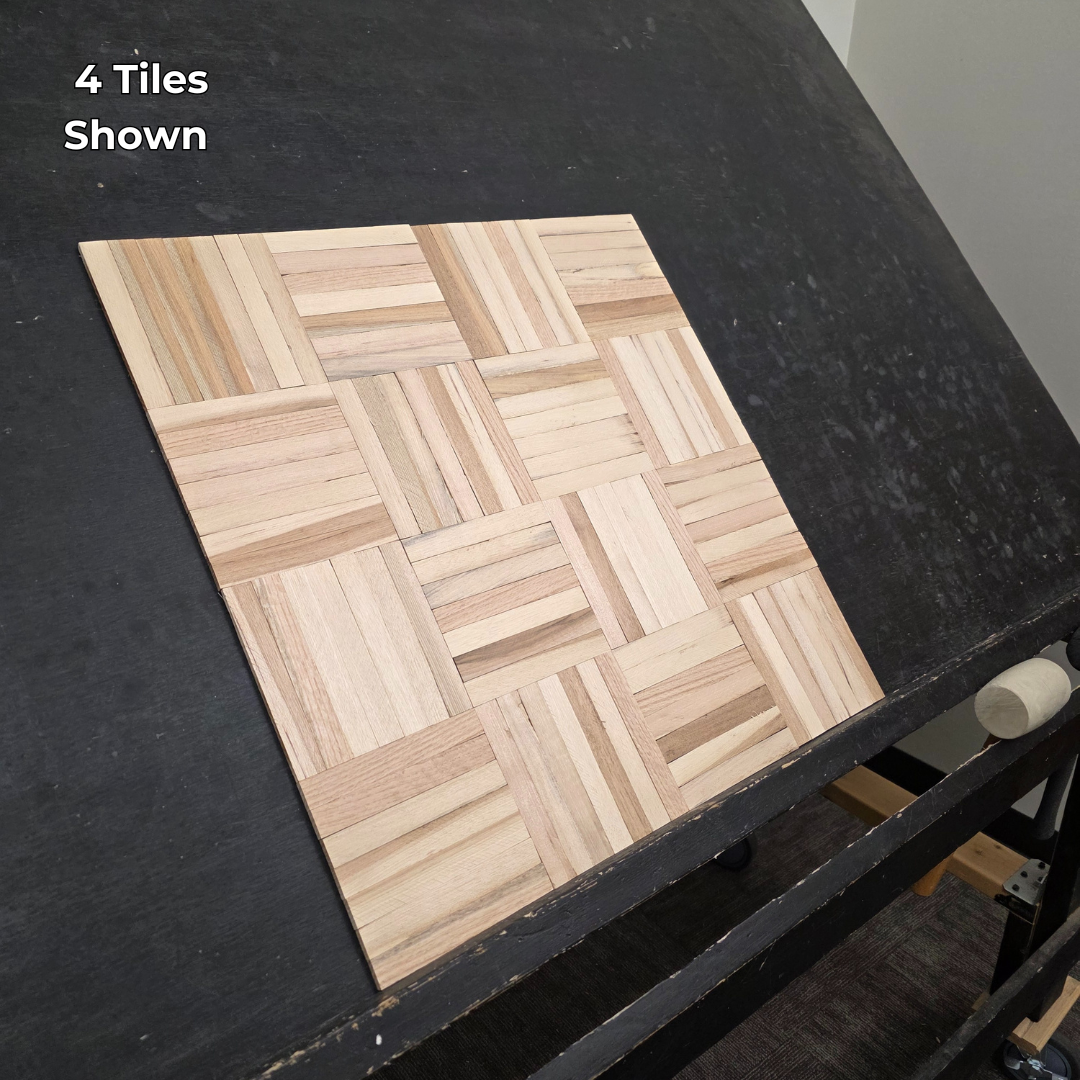 12" x 12" x 5/16" Unfinished Hickory 7-slat Parquet Hardwood Flooring. 4 tiles shown on a black shooting table. 