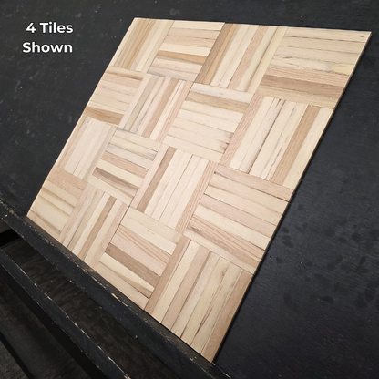 12" x 12" x 5/16" Unfinished Hickory 7-slat Parquet Hardwood Flooring. Shown as 4 tiles on a black shooting table. shot from steep right.