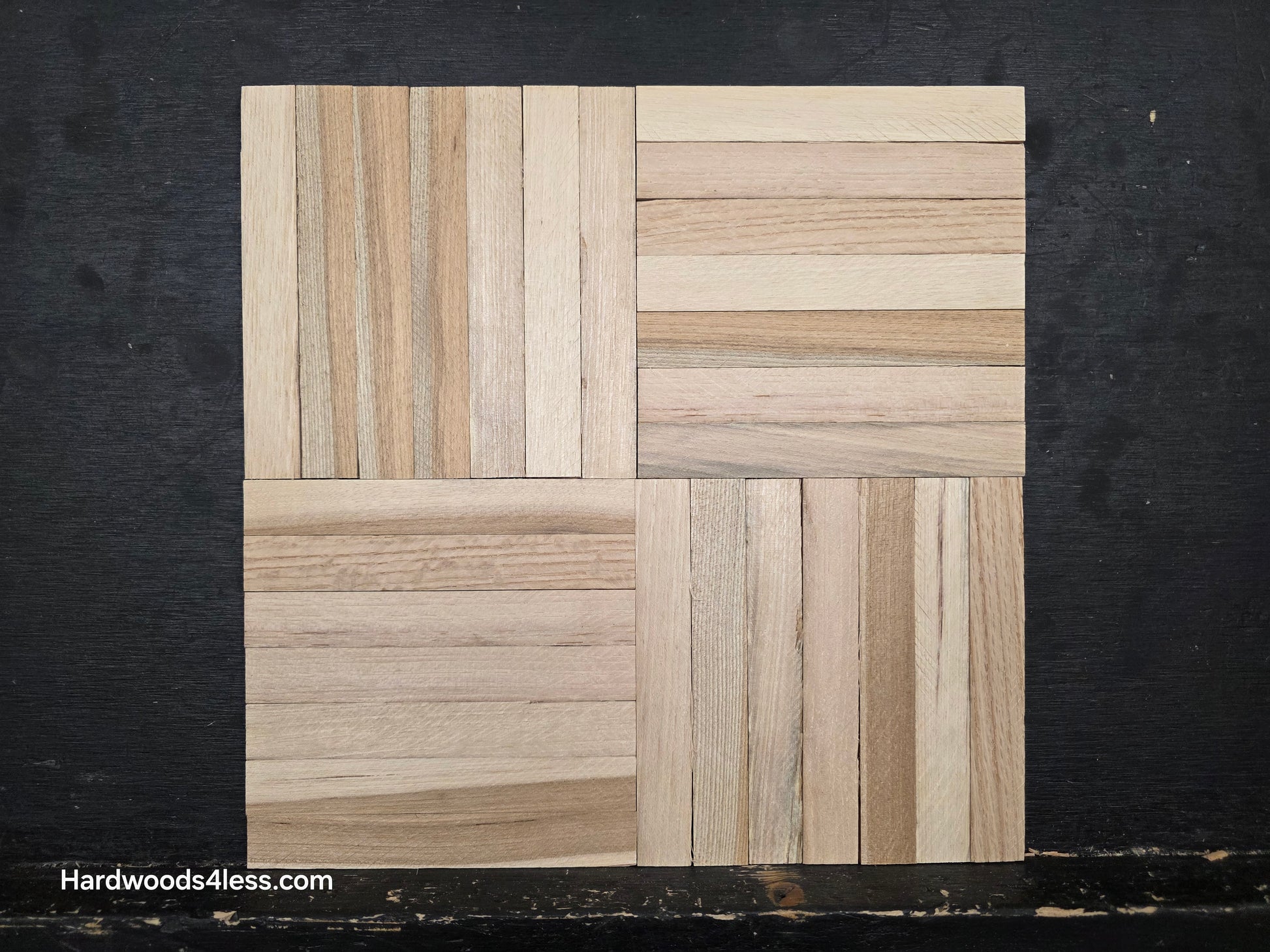 12" x 12" x 5/16" Unfinished Hickory 7-slat Parquet Hardwood Flooring. One tile close up.