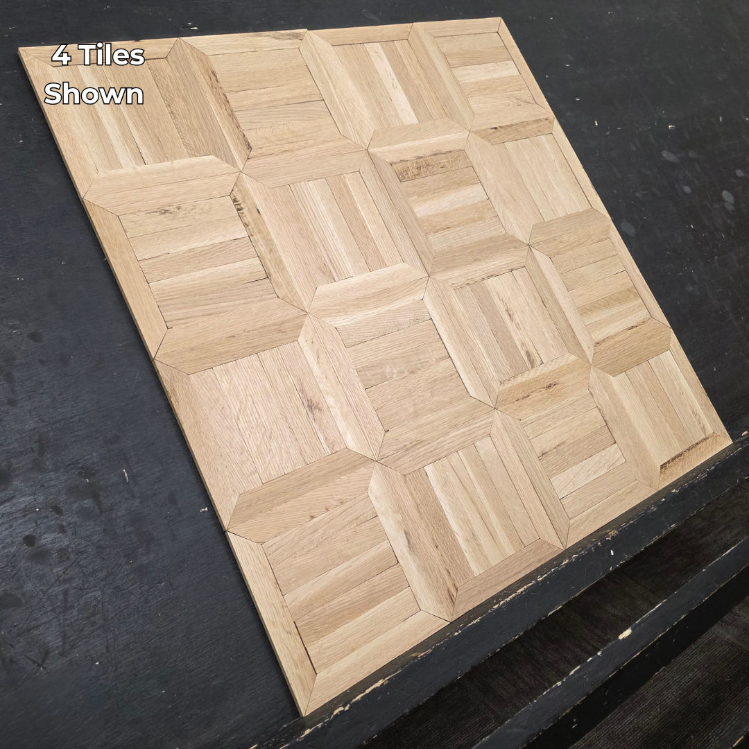 13 5/16" x 13 5/16" x 5/16" Unfinished White Oak Monticello Parquet Flooring. Shown as 4 tiles. 