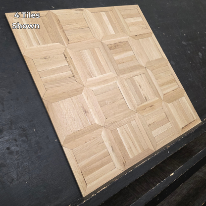 13 5/16" x 13 5/16" x 5/16" Unfinished White Oak Monticello Parquet Flooring. Shown as 4 tiles. 
