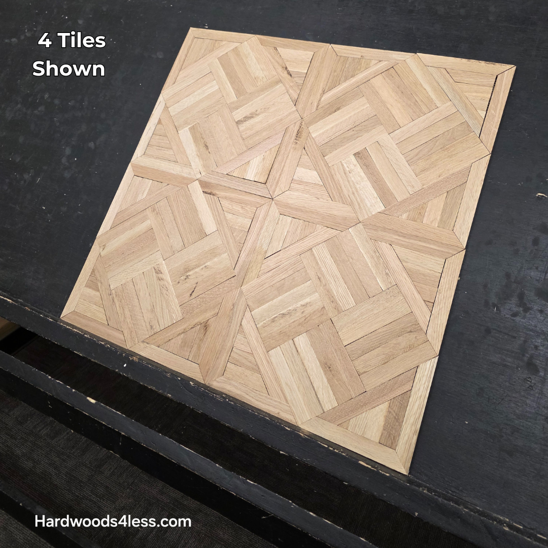 13 7/16" x 13 7/16" x 5/16" Unfinished White Oak Chaucer Parquet Flooring. Shown as 4 tiles on a black shooting table.