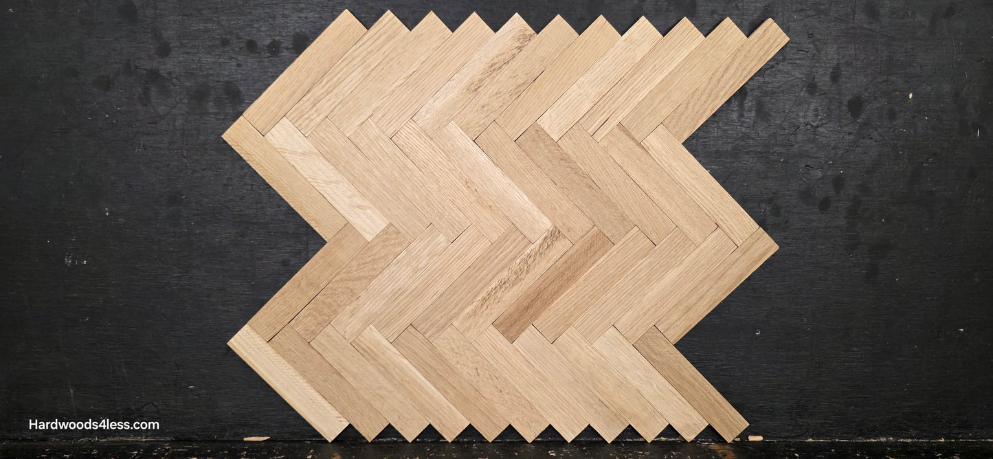 14 1/8" x 18 1/8" x 5/16" Unfinished White Oak Herringbone Parquet Flooring. 1 tile close up on a black shooting table.