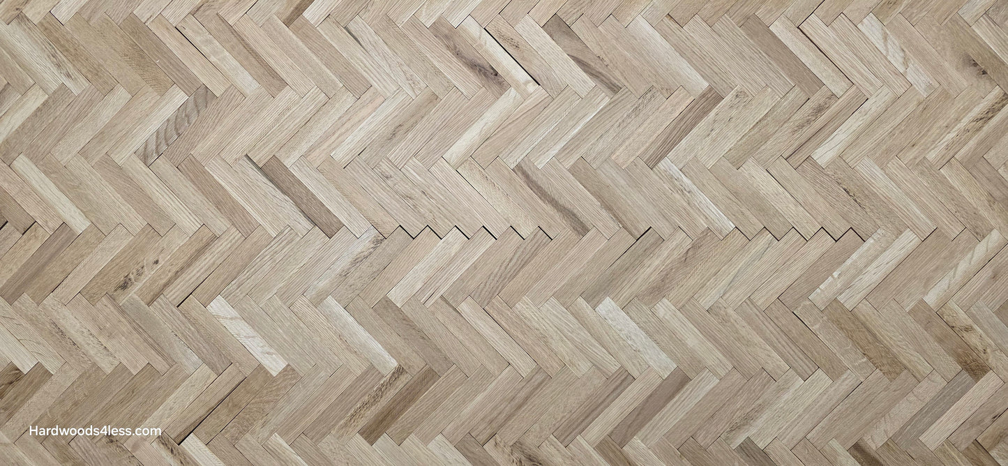 14 1/8" x 18 1/8" x 5/16" Unfinished White Oak Herringbone Parquet Flooring. 6 tiles close up.