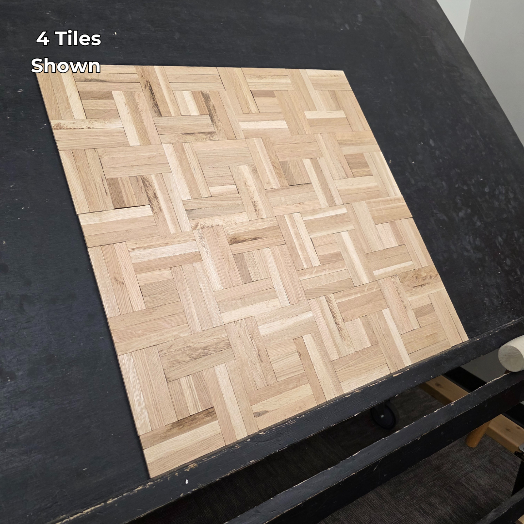 14 ¼ x 14 ¼ x 5/16 Unfinished White Oak Haddon Hall Parquet Flooring. Shown on a black shooting table. 4 Tiles shot from the left hand side. 