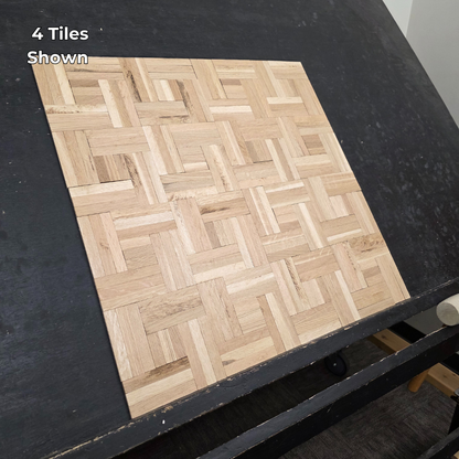 14 ¼ x 14 ¼ x 5/16 Unfinished White Oak Haddon Hall Parquet Flooring. Shown on a black shooting table. 4 Tiles shot from the left hand side. 