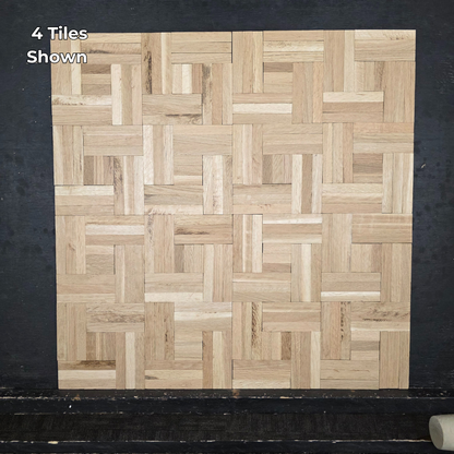 14 ¼ x 14 ¼ x 5/16 Unfinished White Oak Haddon Hall Parquet Flooring. Shown on a black shooting table. Close up of 4 tiles. 
