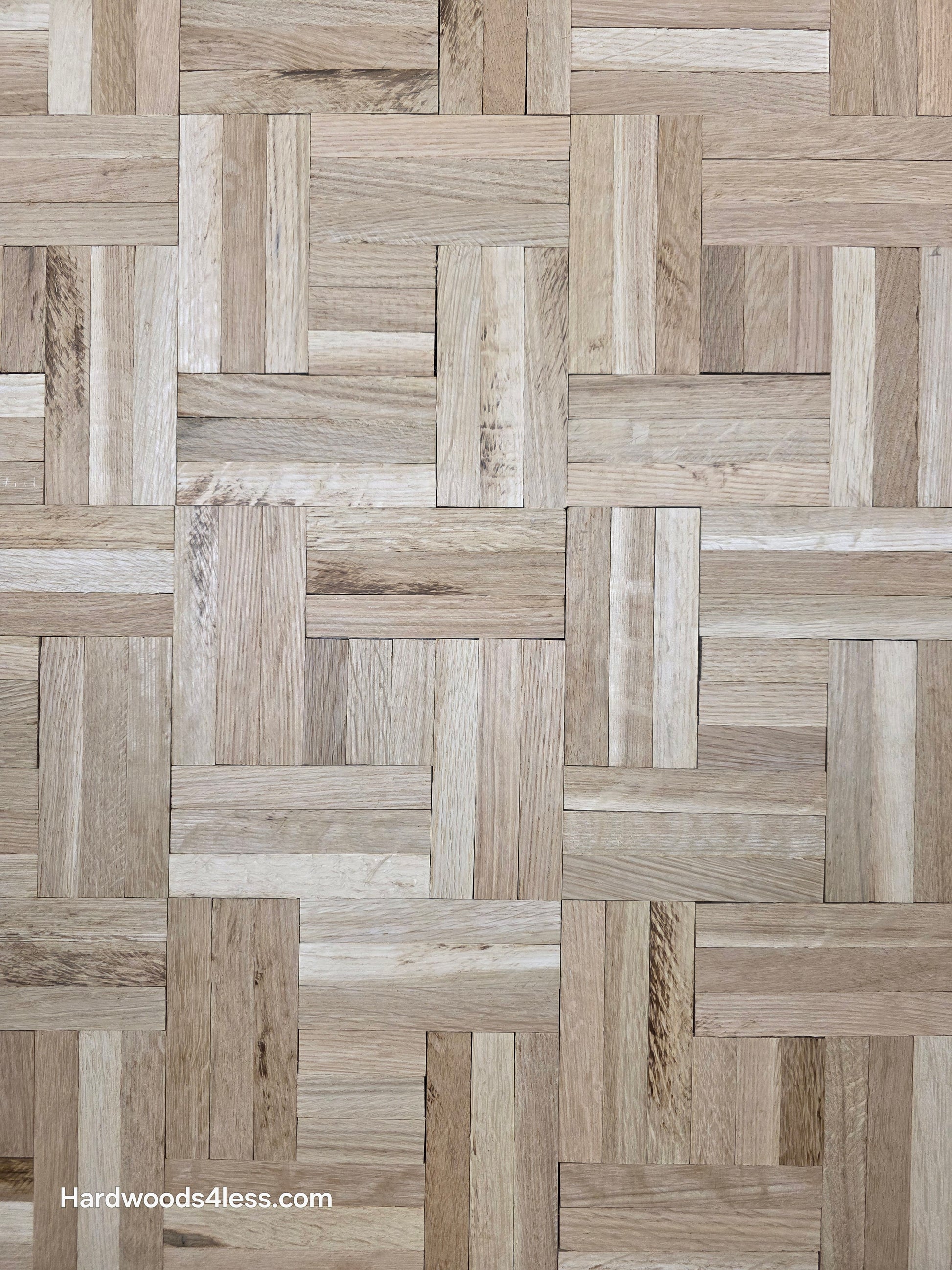 14 ¼ x 14 ¼ x 5/16 Unfinished White Oak Haddon Hall Parquet Flooring. Shown close up. 