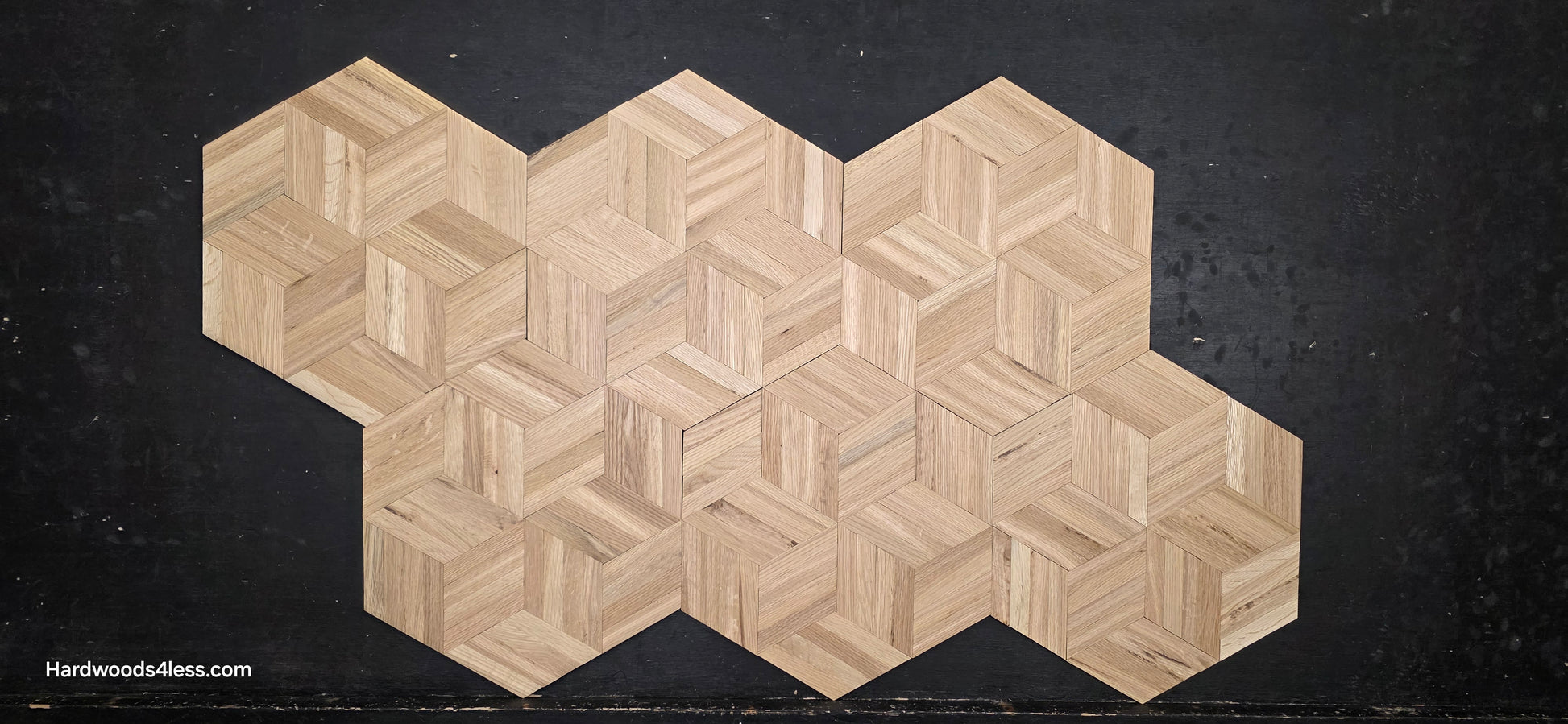15 1/8" x 15 1/8" x 5/16" Unfinished White Oak Rhombs Parquet Flooring. Shown on a black shooting table. Shot close up of 6 tiles. 