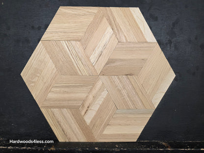 15 1/8" x 15 1/8" x 5/16" Unfinished White Oak Rhombs Parquet Flooring. Shown on a black shooting table. close up on one tile.