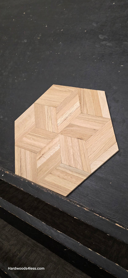 15 1/8" x 15 1/8" x 5/16" Unfinished White Oak Rhombs Parquet Flooring. Shown on a black shooting table. Wide right shot of one tile. 
