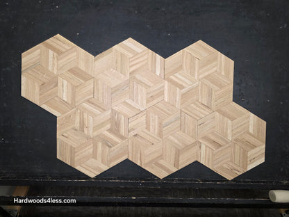 15 1/8" x 15 1/8" x 5/16" Unfinished White Oak Rhombs Parquet Flooring. Shown on a black shooting table. Shot from center. 6 tiles shown.