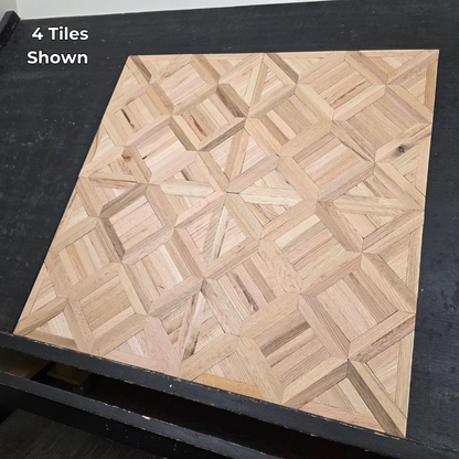 19" x 19" x 5/16" Unfinished White Oak Saxony Parquet Flooring. Shown on a black shooting table. 4 tiles wide shot. 