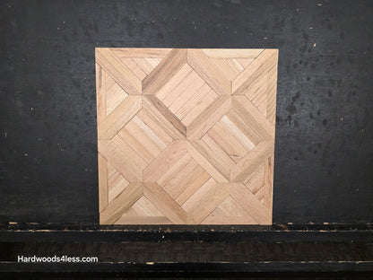 19" x 19" x 5/16" Unfinished White Oak Saxony Parquet Flooring. Shown on a black shooting table. Wide lens close up.