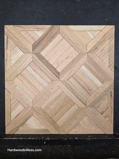 19" x 19" x 5/16" Unfinished White Oak Saxony Parquet Flooring. Shown on a black shooting table. Close up.