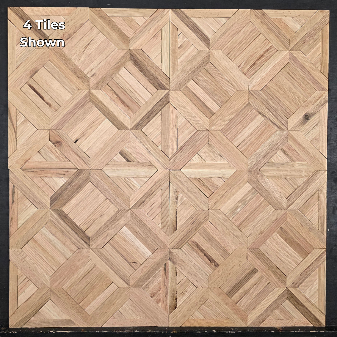 19" x 19" x 5/16" Unfinished White Oak Saxony Parquet Flooring. Shown on a black shooting table. 4 tiles very close up.
