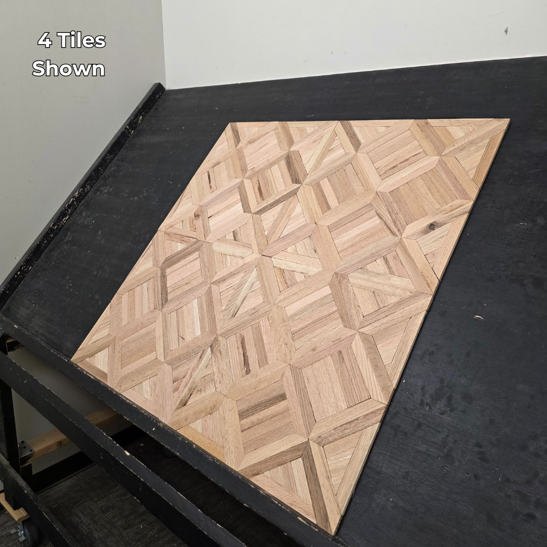 19" x 19" x 5/16" Unfinished White Oak Saxony Parquet Flooring. Shown on a black shooting table. 4 tiles steep shot. 