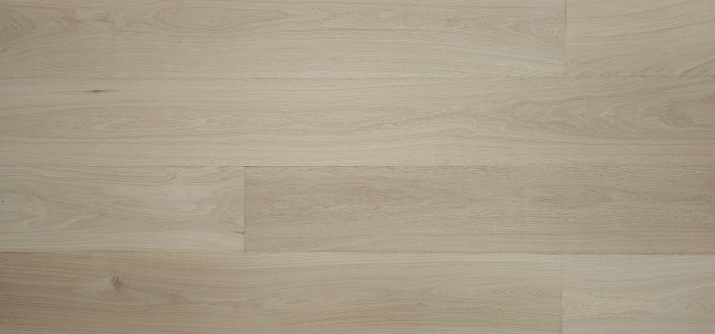 8 5/8" x 5/8" Engineered Unfinished European White Oak Select & Better Hardwood Flooring. Wide Lens close up.