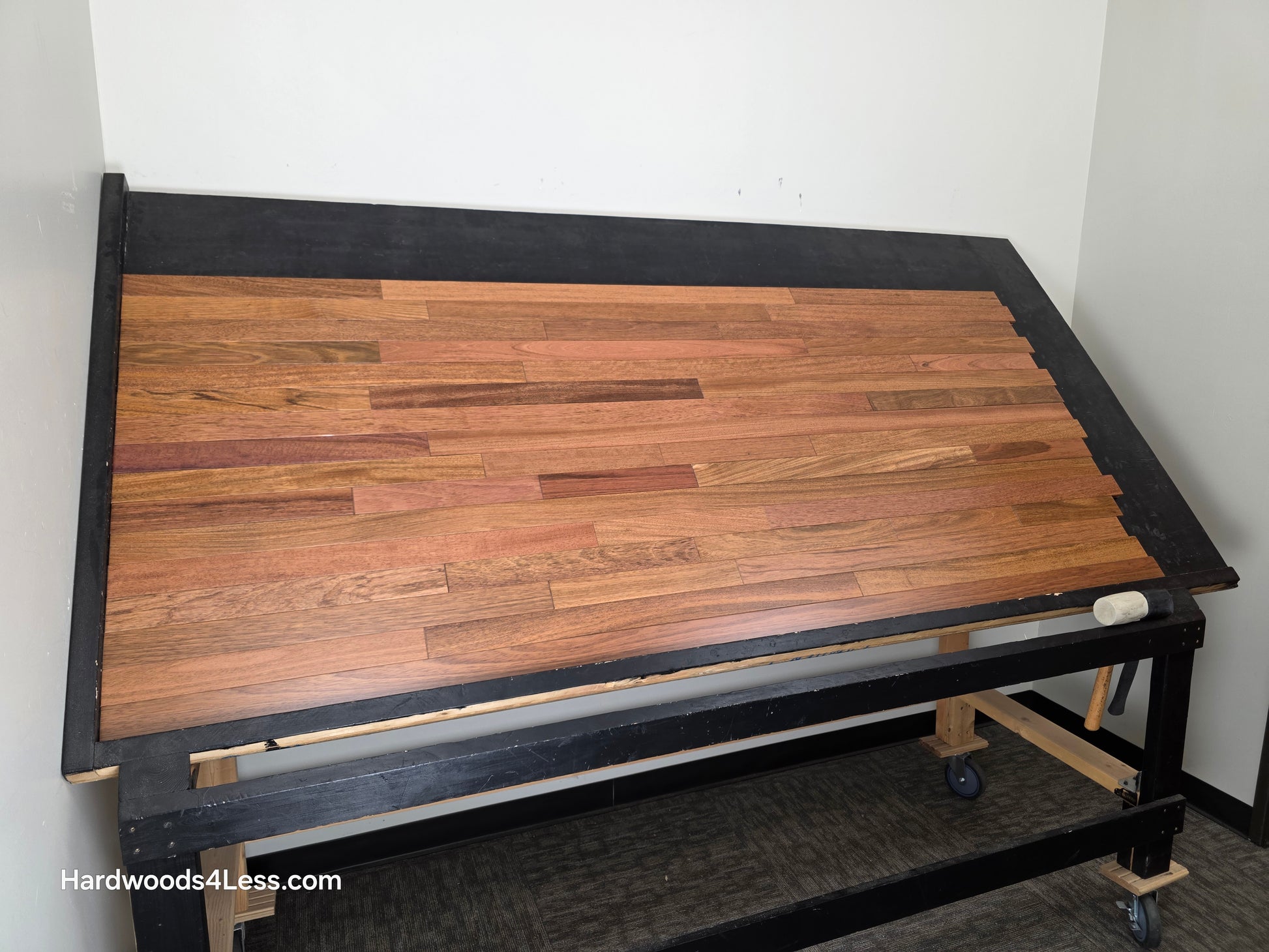 2 1/4" x 3/4" Brazilian Cherry Hardwood Flooring. Shown on a black shooting table. Shot from wide left. 
