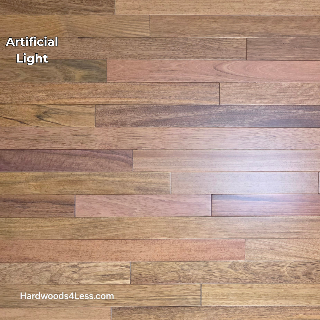 2 1/4" x 3/4" Brazilian Cherry Hardwood Flooring. Shown in artificial lighting.