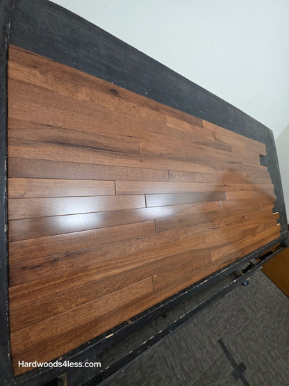 2 1/4" x 3/4" Hickory Nubuck Hardwood Flooring shown on a black shooting table. Shot from the left hand side. 