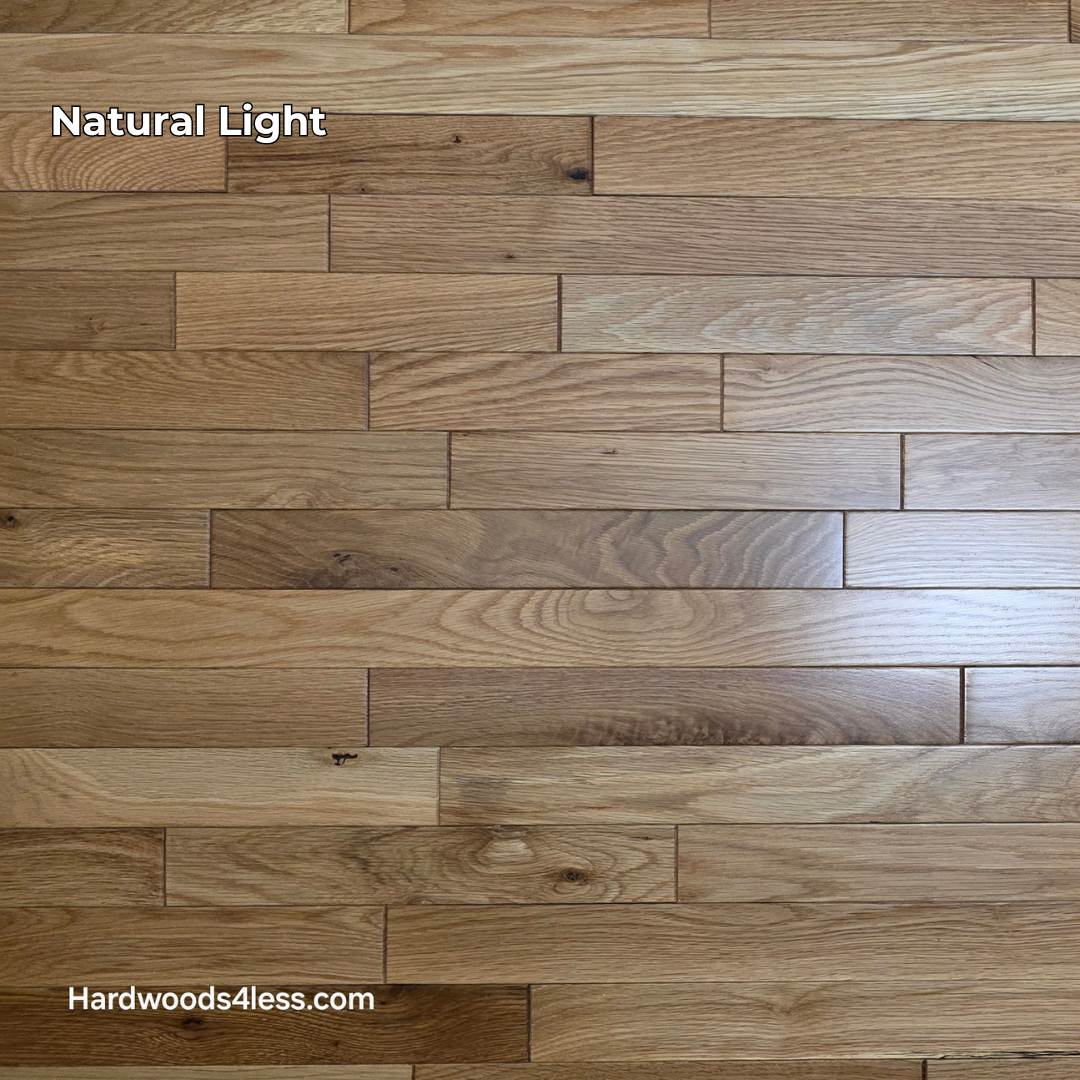 2 1/4" x 3/4" Solid White Oak Natural Mill Run Hardwood Flooring. Shown in natural lighting. 