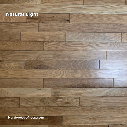 2 1/4" x 3/4" Solid White Oak Natural Mill Run Hardwood Flooring. Shown in natural lighting. 