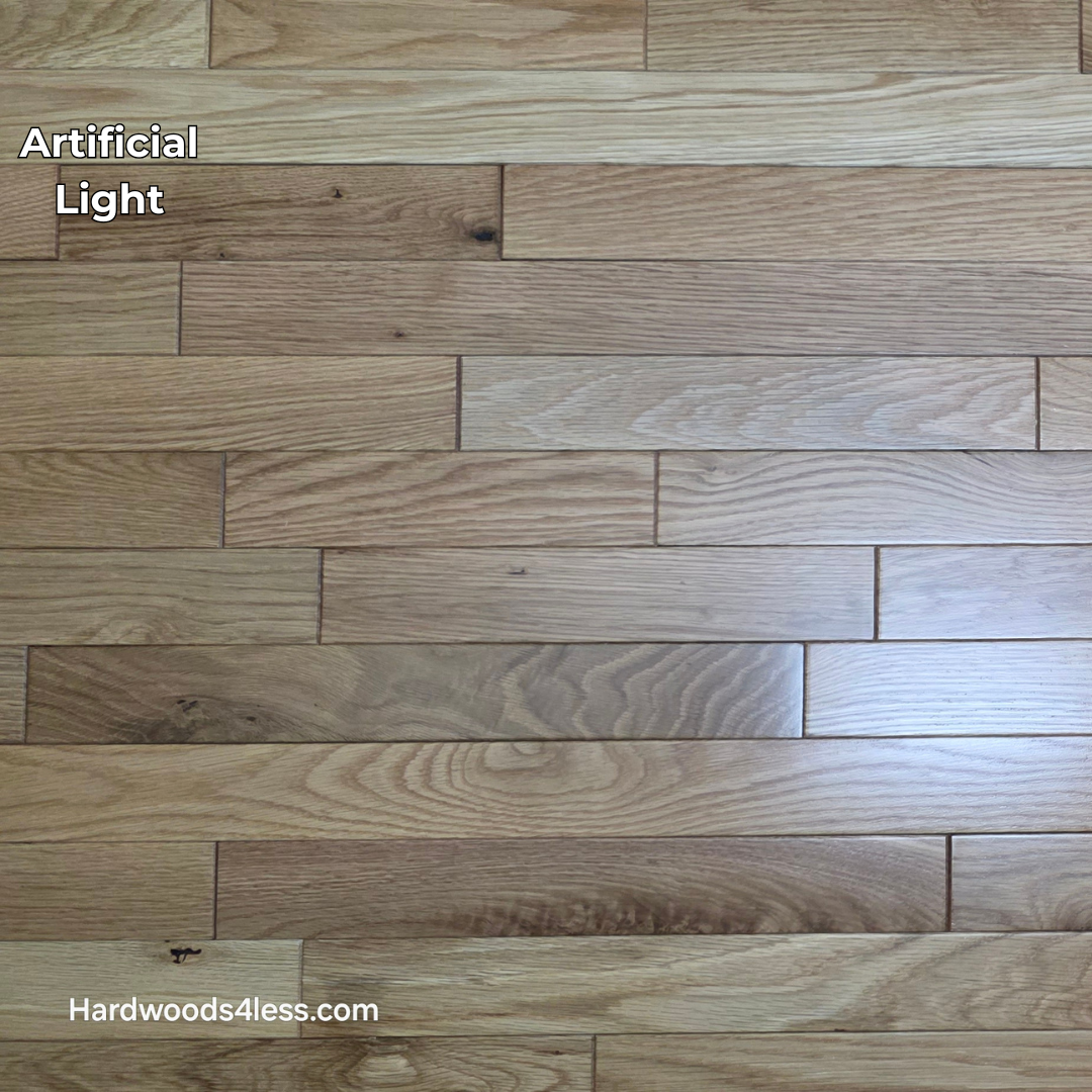 2 1/4" x 3/4" Solid White Oak Natural Mill Run Hardwood Flooring. Shown in artificial lighting.