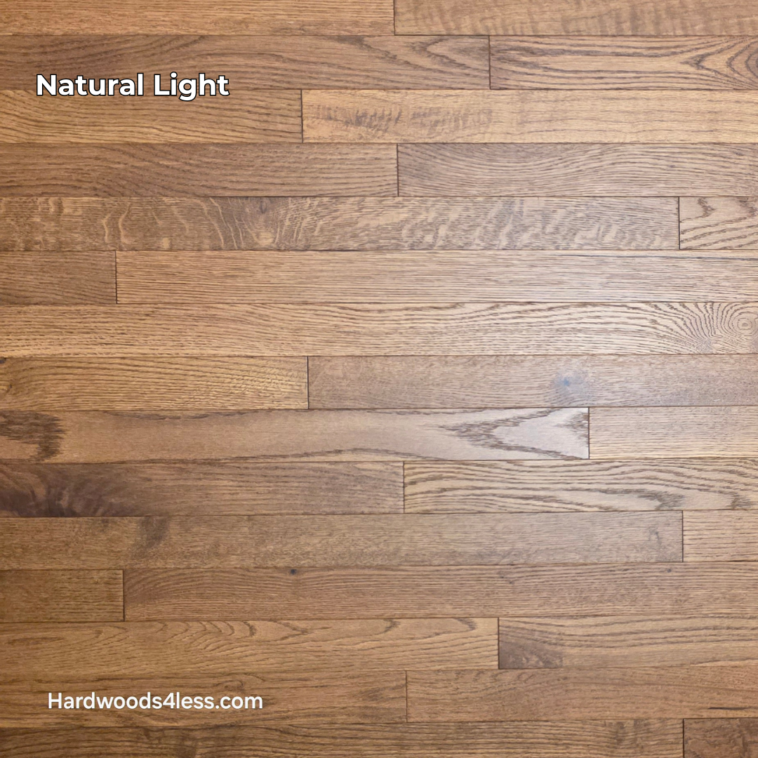 2 1/4" x 3/4" White Oak Gunstock Hardwood Flooring. Shown in natural lighting.