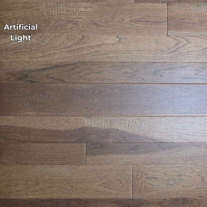 3 1/4", 4", 5" Mixed Width Engineered Hickory Regal Helm Hardwood Flooring.  Shown in Artificial lighting.