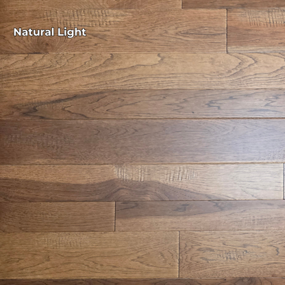 3 1/4", 4", 5" Mixed Width Engineered Hickory Regal Helm Hardwood Flooring. Shown in Natural Lighting. 