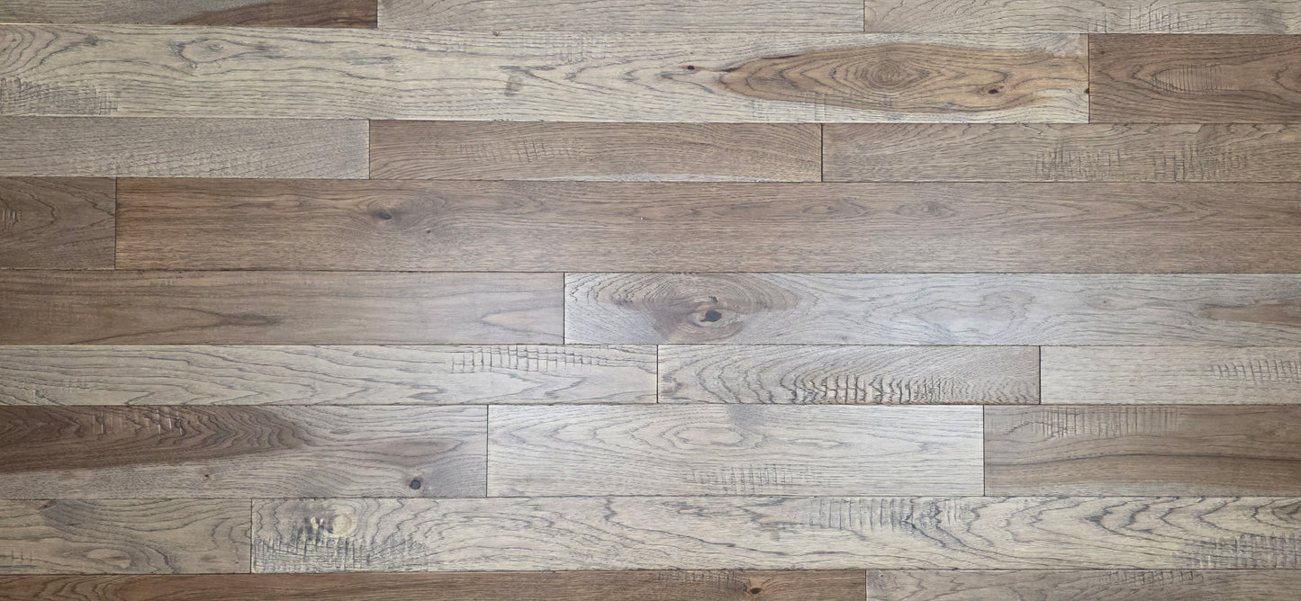 3 1/4", 4", 5" Mixed Width Engineered Hickory Windlass Hardwood Flooring close up.