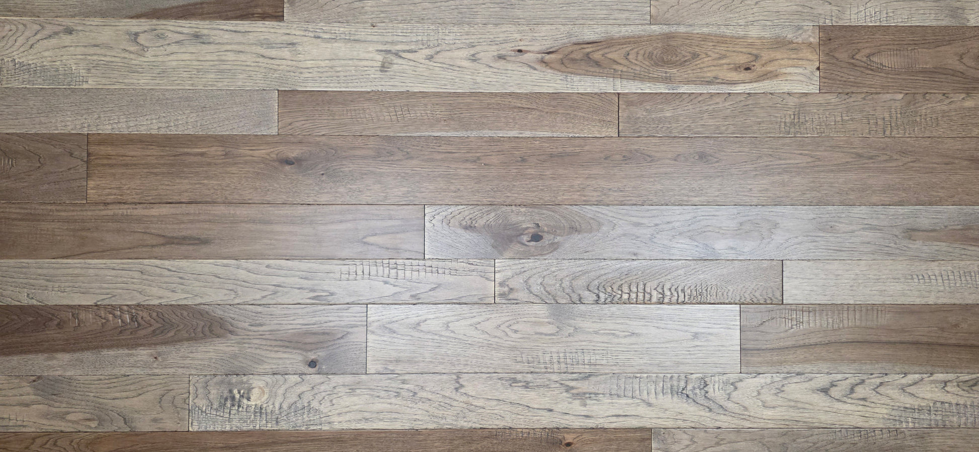 3 1/4", 4", 5" Mixed Width Engineered Hickory Windlass Hardwood Flooring. Wide angle close up. 
