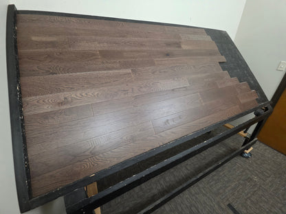 3 1/4", 4", 5" Mixed Width Engineered White Oak Transom Hardwood Flooring. Shown on a black shooting table. Left side shot. 