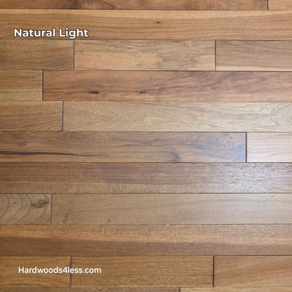 3 1/4" x 3/4" Hickory Molasses Character Grade Hardwood Flooring. Shown in natural lighting. 