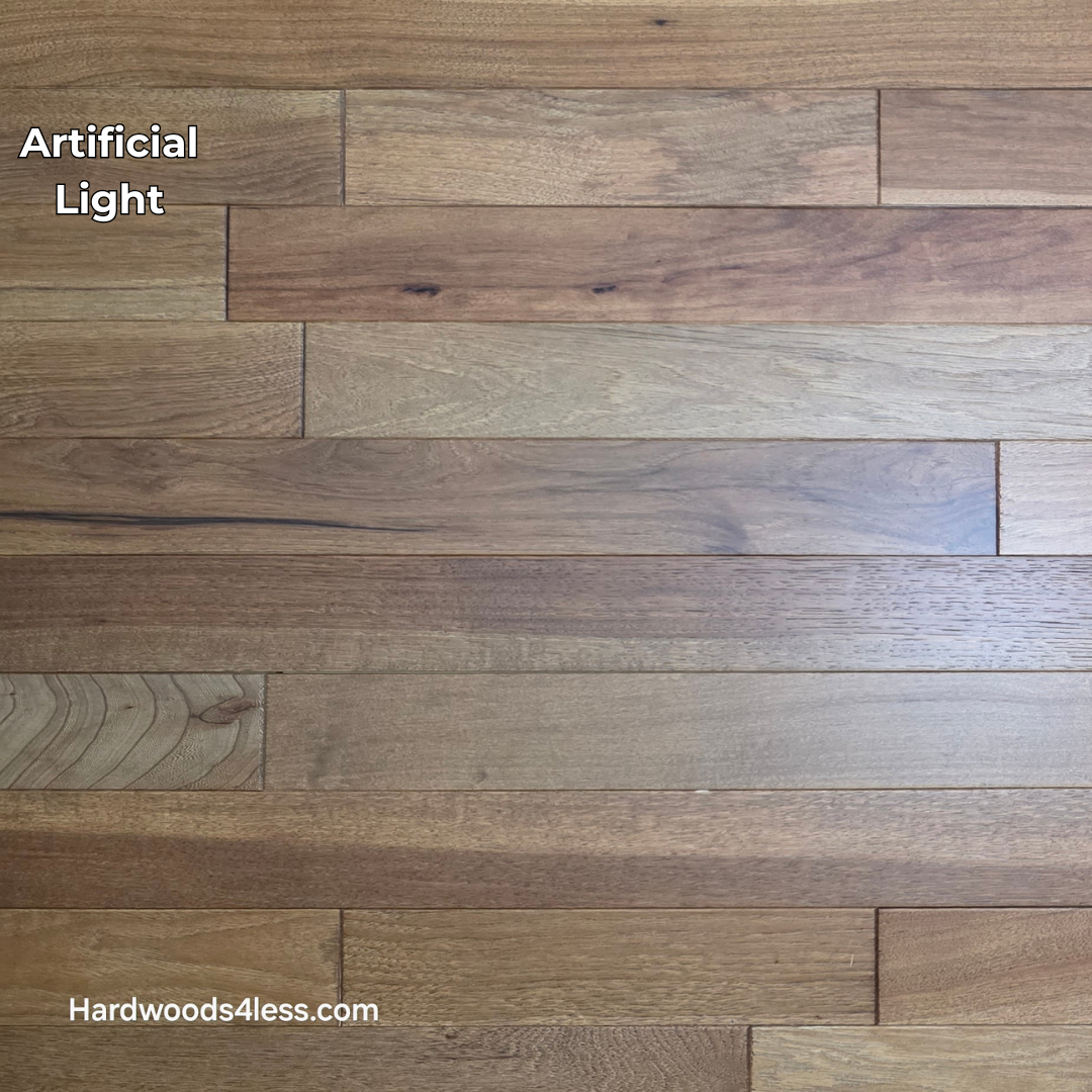 3 1/4" x 3/4" Hickory Molasses Character Grade Hardwood Flooring. Shown in artificial lighting. 