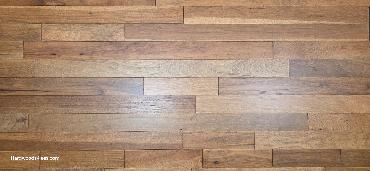 3 1/4" x 3/4" Hickory Molasses Character Grade Hardwood Flooring. Close up.
