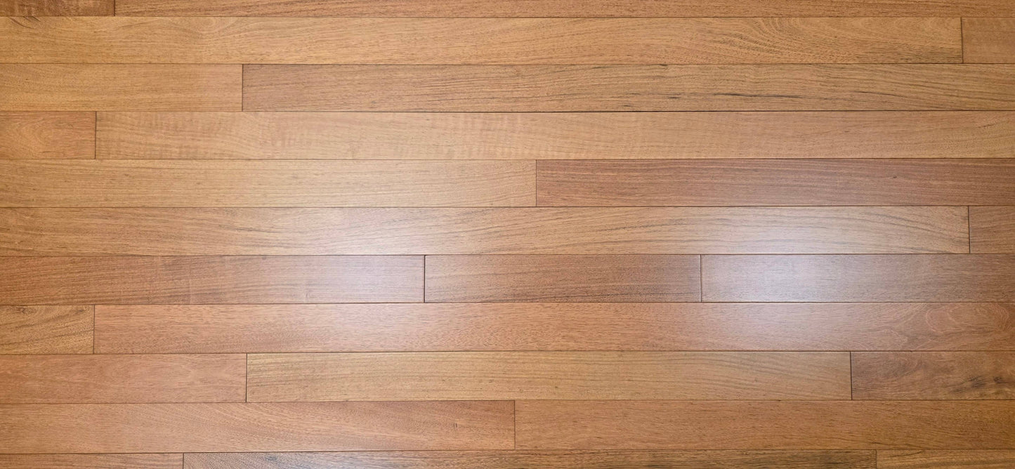 3 1/4" x 3/4" Prefinished Brazilian Cherry Shorts Hardwood Flooring. Show full Aspect ratio, close up.