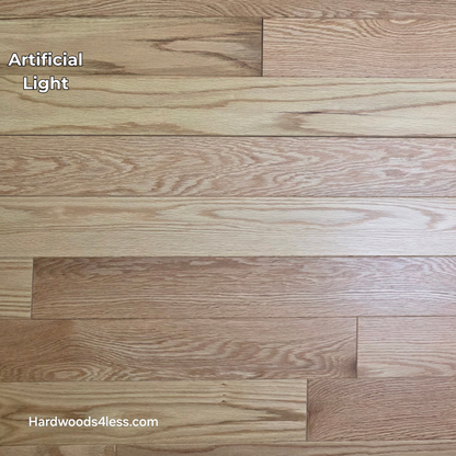 3 1/4" x 3/4" Red Oak Natural Common & Better Low Gloss Hardwood Flooring. shown in artificial lighting. 