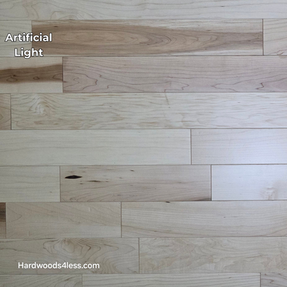 3 1/4" x 3/4" Solid Maple Natural Rustic Shorts Hardwood Flooring. Shown in artificial lighting.