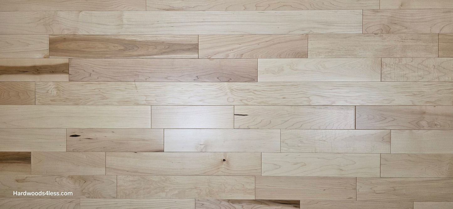 3 1/4" x 3/4" Solid Maple Natural Rustic Shorts Hardwood Flooring. Close up.