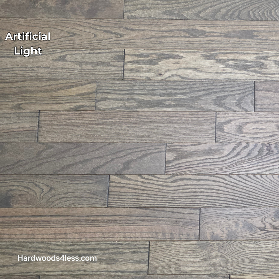 3 1/4" x 3/4" Solid Red Oak Coal Hardwood Flooring. Shown in artificial lighting.